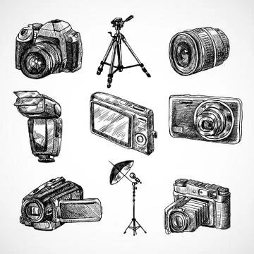 Camera sketch icons set Stock Illustration