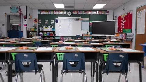 Camera slide to left showing wide angle view of empty school classroom with Stock Footage 159238776