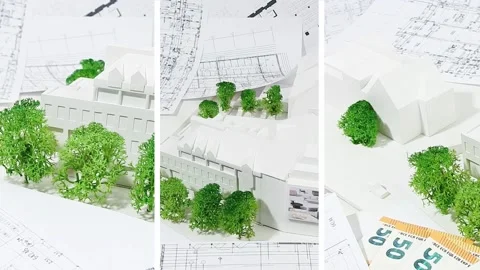 Camera slide with modern city architecture presentation house model and plans Stock Footage 141217376