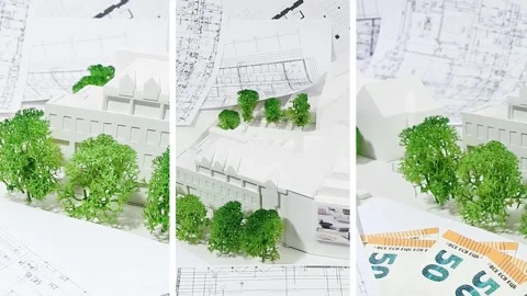 Camera slide with modern city architecture presentation house model and money Stock Footage 142541415