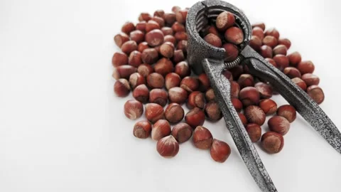 Camera slide movement of hazelnuts and hazelnut cracking tool white background Stock Footage 130973121