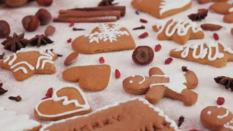 Camera slide over many christmas cookies - close up Stock Footage 143110739