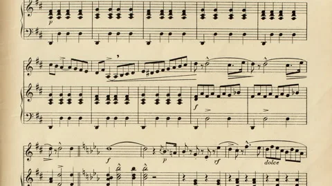 Camera slide over old yellowed music score Видео 150440457