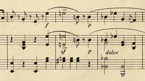 Camera slide over old yellowed music score Stock-Footage 200878002