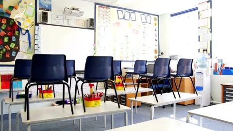 Camera slide showing empty school classroom with interactive whiteboard no Stock Footage 256720671