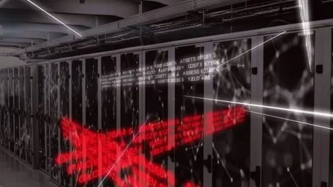 Camera sliding datacenter racks starting ticker scrolling and red bands pulsing Stock Footage 331820833