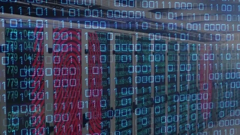 Camera sliding right forward, binary overlay scrolling across data center racks 스톡 동영상 331736388