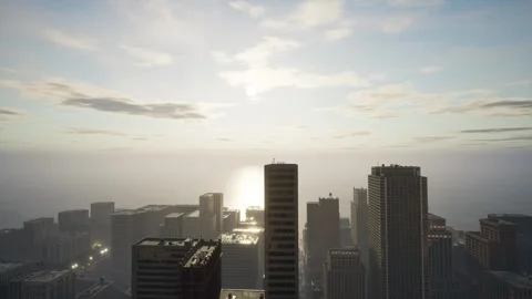 The camera slowly descends between the buildings of a large city during sunset. Vidéo 265870964