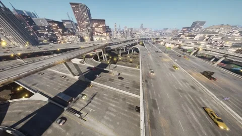 The camera slowly descends between a huge number of roads filled with cars. Stock Footage 266094403