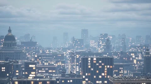 The camera slowly floats sideways through a cartoon city. Stock Footage 276036984