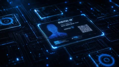 Camera slowly moves in on a 3d render of a digital ID card connected to an Stock Footage 341410739