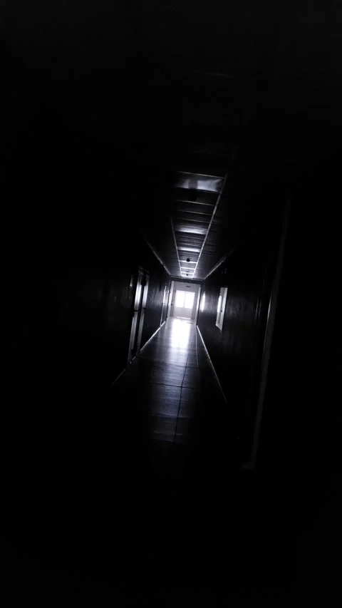 The camera slowly moves down a long, dimly lit corridor in an old house Stock Footage 302943388