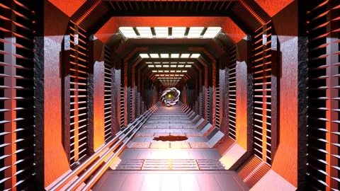 Camera slowly moving along the narrow red corridor with equipment on both sides Stock Footage 169060306