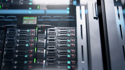 Camera slowly moving in data center showing server equipment with flickering. Stock Footage 108776956