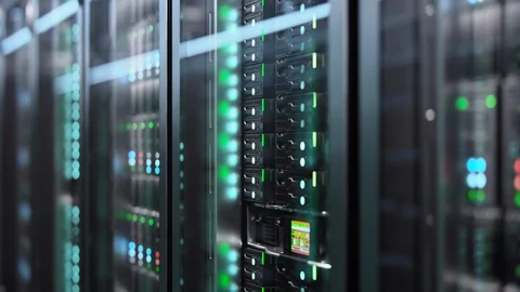 Camera slowly moving in data center showing server equipment with flickering. Stock Footage 108777107