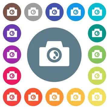 Camera solid flat white icons on round color backgrounds 库存插图