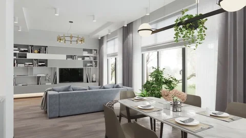 Camera span across a modern open living space with kitchen. 3d render Stock Footage 126267861