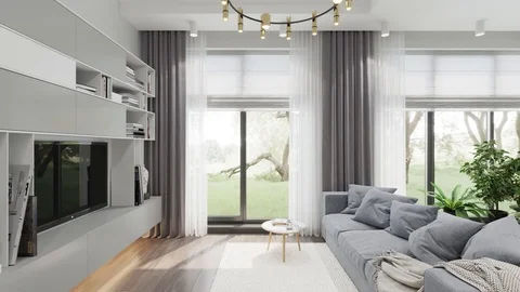 Camera span across a modern open living space with kitchen. 3d render Stock Footage 126267865