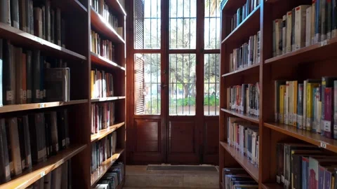 Camera span along the library bookshelves to the window Stock Footage 260737879