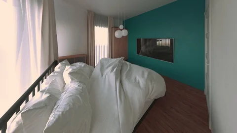 Camera span in the bedroom. the interior of a small room in the early morning Stock Footage 128435760