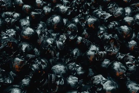 A camera span over an endless pile of black textured human skulls. The concep Stock Illustration