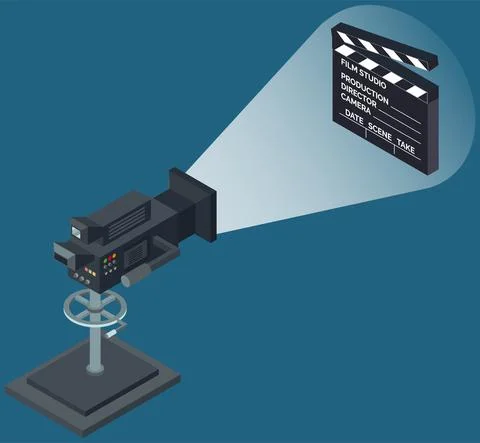 Camera with spotlight aimed at movie clapper. Equipment and elements of filming Stock Illustration