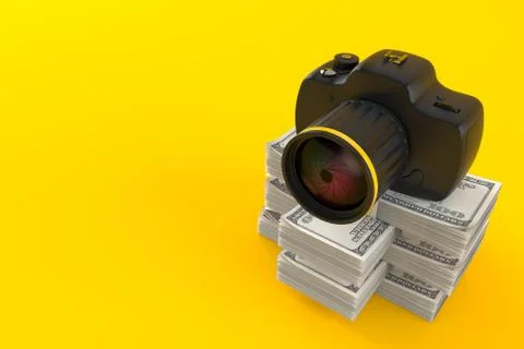Camera on stack of money Stock Illustration