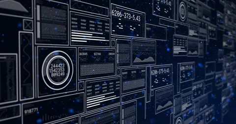 Camera starting close on empty frames, data wall panning right, panels Stock Footage 321550325