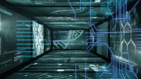Camera starting flythrough, DNA helix floating as HUD overlays sliding, Stock Footage 332731774