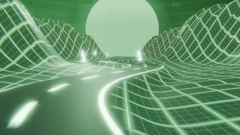 Camera starting forward showing curved road racing through neon grid toward orb Stock Footage 337505011
