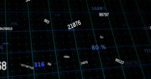 Camera starting glide over cyan 3D grid, numeric labels floating and rotating, Stock Footage 328307071