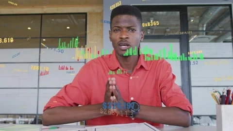 Camera starting, man speaking and gesturing at office desk, analyzing market Stock Footage 331713571