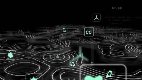 Camera starting neon contour grid and holo data layer, icons drifting, pulsing, Stock Footage 335651848
