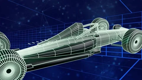 Camera starting orbit, revealing hovering wireframe single-seat car, showing Stock Footage 338365782