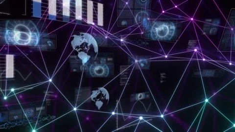 Camera starting pan pulling glowing mesh, nodes pulsing, globes rising, showing Stock Footage 334337599