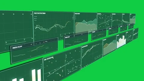 Camera starting sweep along offset floating dashboards revealing analytics, Video stock 337506391