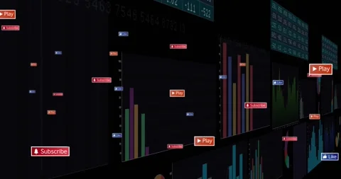 Camera starting sweep, data wall revealing stacked bars, charts, badges Stock Footage 327842171