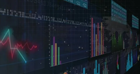 Camera starting on tall stacked bars and panning right, data wall revealing neon Stock Footage 329505226