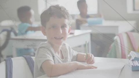 Camera steadying boy looking up smiling holding pencil book overlaying frames Stock Footage 331235530