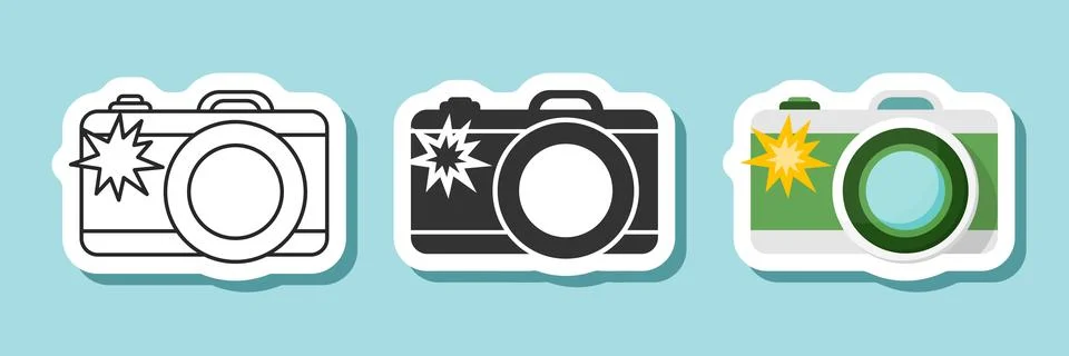 Camera sticker icon in flat style. Photography equipment vector illustratio.. Stock Illustration