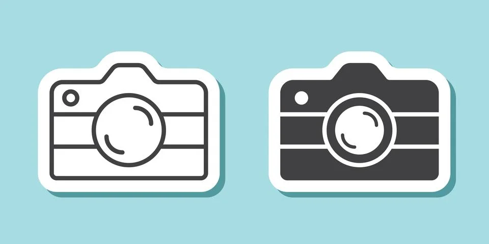 Camera sticker icon in flat style. Photography equipment vector illustratio.. Illustrazione stock