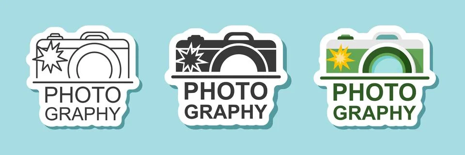Camera sticker icon set collection in flat style. Photography equipment vec.. Stock Illustration