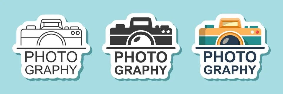 Camera sticker icon set collection in flat style. Photography equipment vec.. Stock Illustration