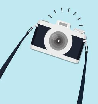 Camera with strap in flat style background Illustrazione stock