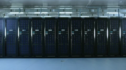 Camera Super Zoom Shot of a Working Data Center With Rows of Rack Servers. Led Stock Footage 100805043