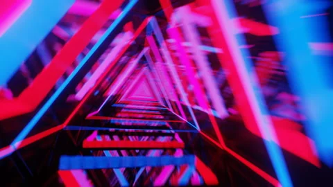The camera sways uncertainly, descending into the red and blue neon tunnel Stock Footage 131395573