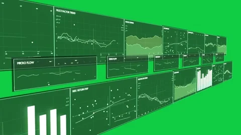 Camera sweep initiating panning data wall, revealing charts and dots on Stock Footage 337506375