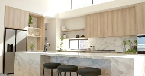 Camera is sweeping across marble kitchen island with three black stools to Stock Footage 337237988