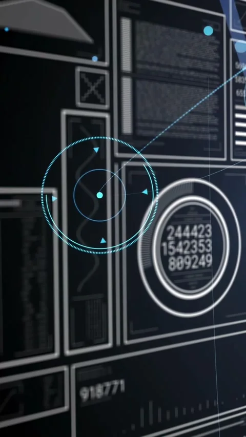Camera sweeping across tech dashboard, panels sliding and showing numeric 動画素材 332407880