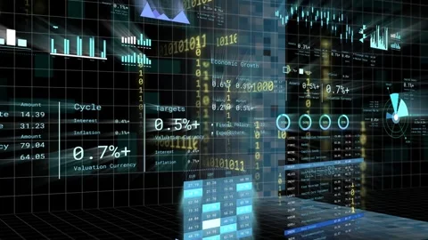 Camera sweeping forward, panels updating rates, binary stream, tiles forming, Stock Footage 335317461